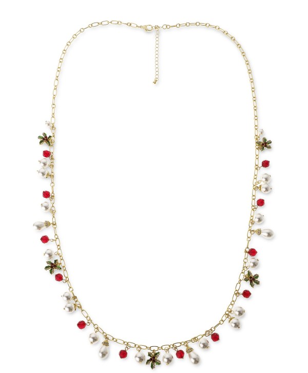 Imitation Pearl Poinsettia Long Charm Necklace, 36