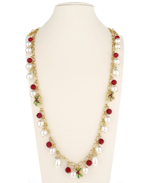 Imitation Pearl Poinsettia Long Charm Necklace, 36