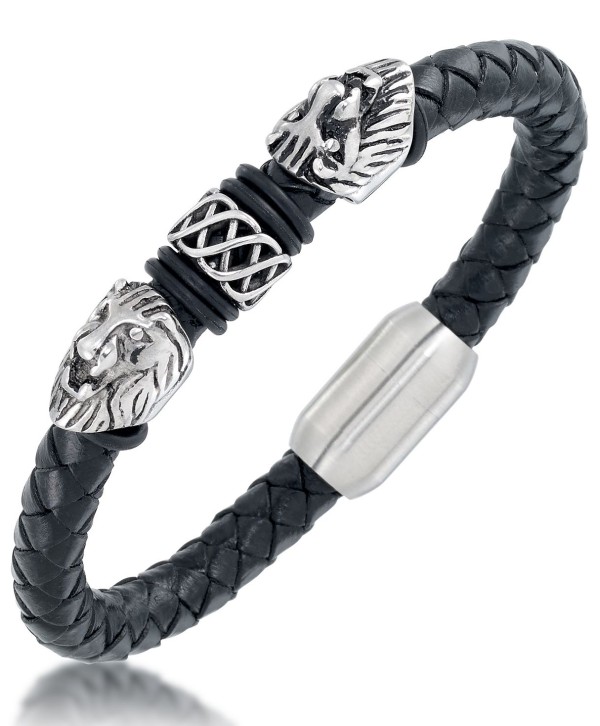 Men's Black Leather Head Bracelet in Stainless Steel