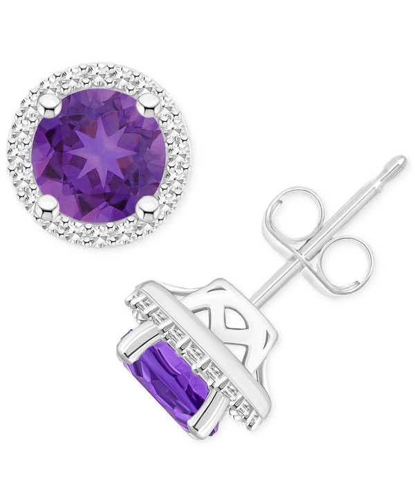 Amethyst (1-1/2 ct) & Diamond (1/5 ct) Halo Stud Earrings