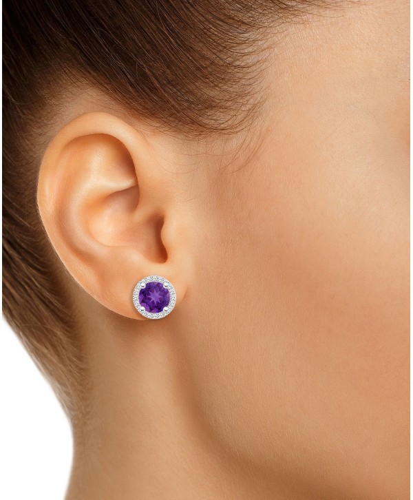 Amethyst (1-1/2 ct) & Diamond (1/5 ct) Halo Stud Earrings