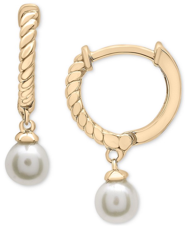 Pearl (4mm) Dangle Hoop Earrings in 14k Gold-Plated