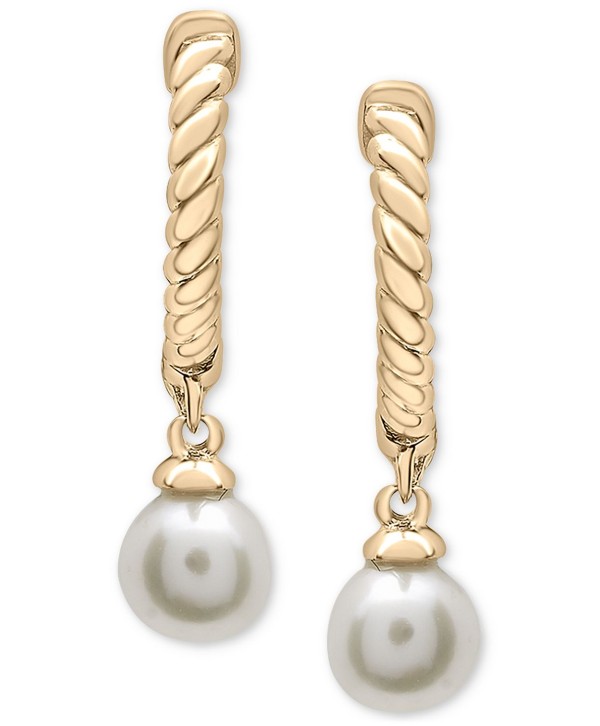 Pearl (4mm) Dangle Hoop Earrings in 14k Gold-Plated