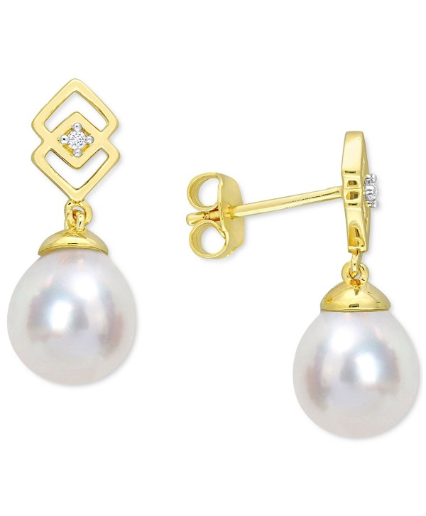 Oval Pearl (8-9mm) & White Topaz Accent Drop Earrings in Gold-Tone