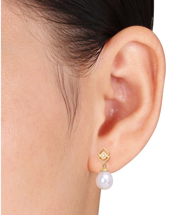 Oval Pearl (8-9mm) & White Topaz Accent Drop Earrings in Gold-Tone