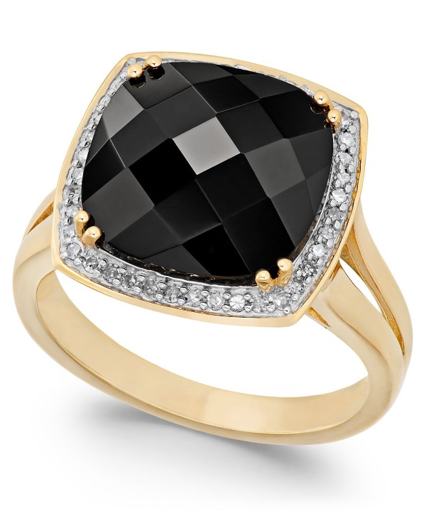 Faceted Onyx (4-1/2 ct) and Diamond (1/5 ct) Ring in 14k Gold