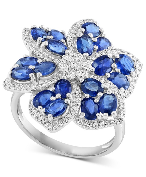 Sapphire (4-1/4 ct) & Diamond (1/2 ct) Flower Ring in 14k White Gold