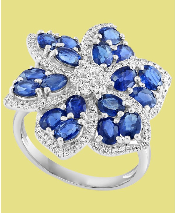 Sapphire (4-1/4 ct) & Diamond (1/2 ct) Flower Ring in 14k White Gold