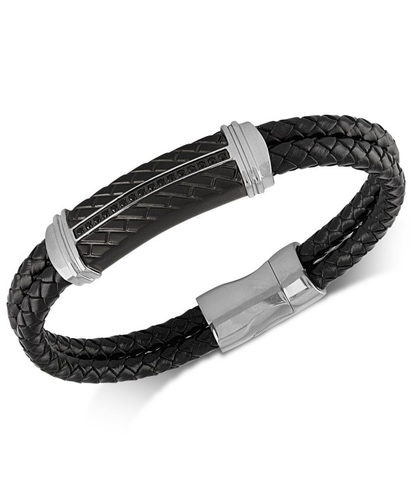 Diamond & Leather Bracelet in Stainless Steel & Black Ion-Plate