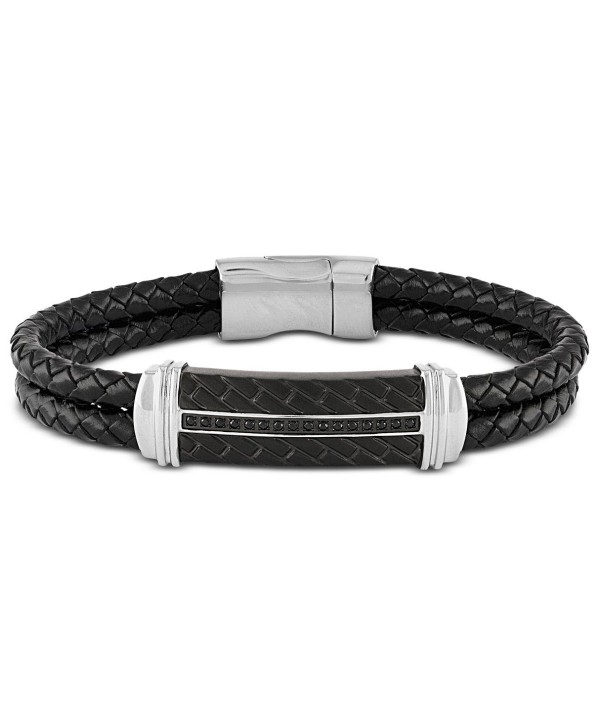 Diamond & Leather Bracelet in Stainless Steel & Black Ion-Plate