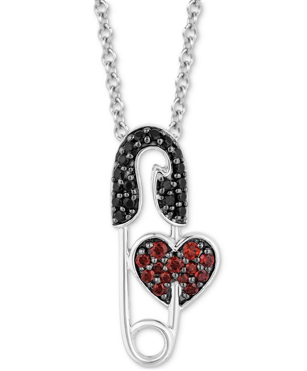 Garnet Accent & Black Diamond (1/8 ct) Safety Pin Pendant Necklace