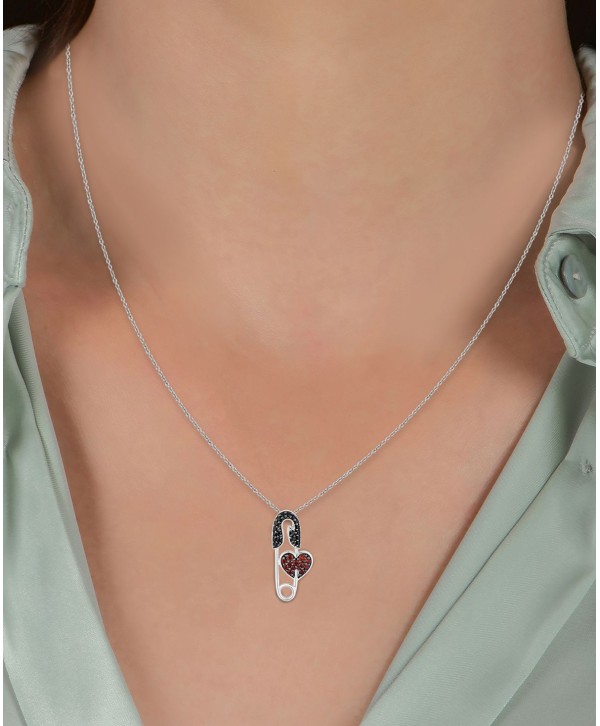 Garnet Accent & Black Diamond (1/8 ct) Safety Pin Pendant Necklace