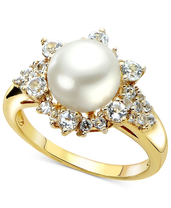 Pearl (8mm) & White Topaz (7/8 ct) Ring in 14k Gold-Plated