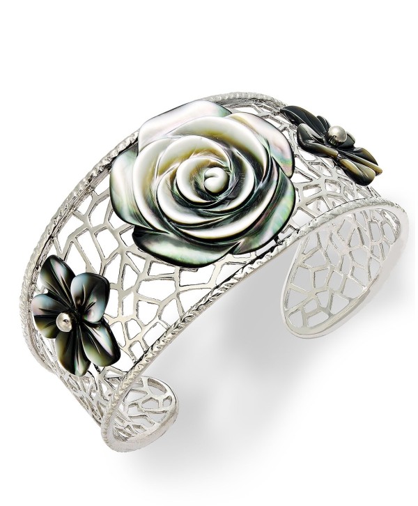 Cultured Tahitian Mother of Pearl Flower Cuff Bracelet in Sterling Silver