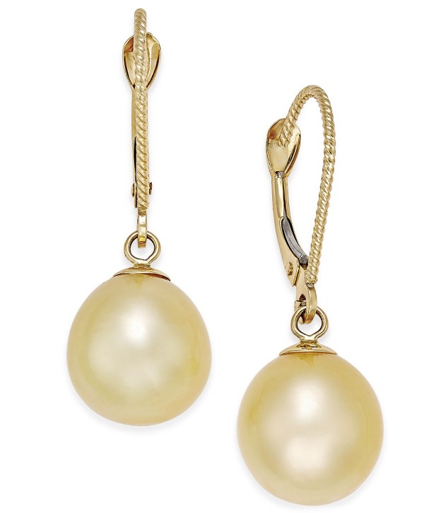 Cultured Oval Golden Pearl (9mm) Drop Earrings in 14k Gold