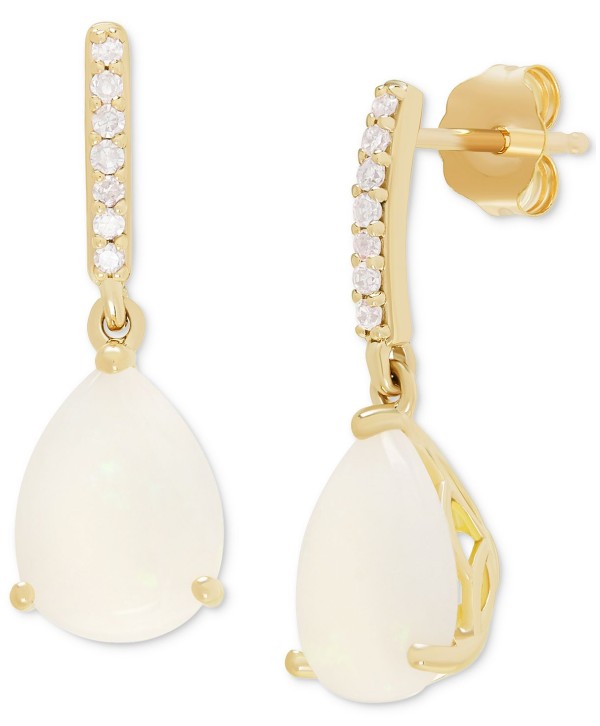 Opal (2-1/2 ct) & Diamond (1/20 ct) Drop Earrings in 14k Gold