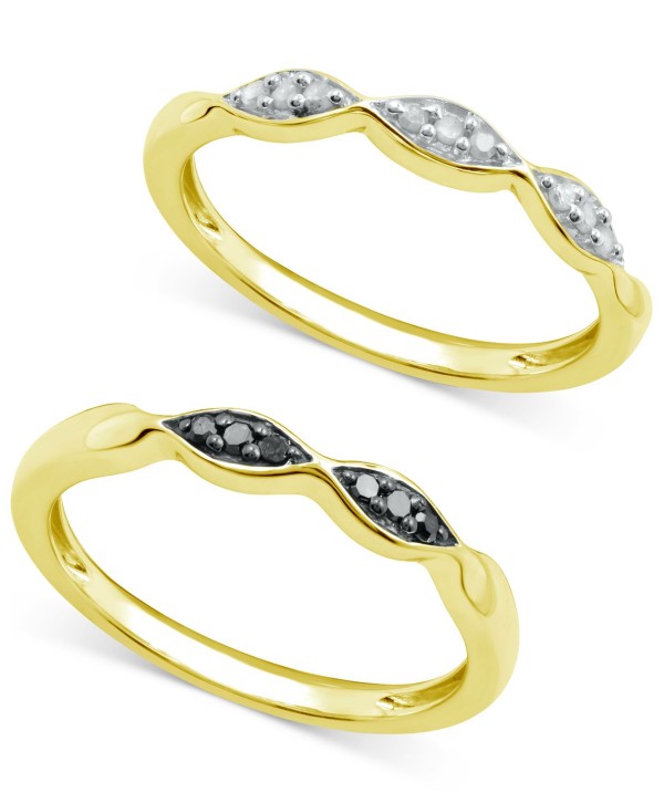 2-Pc Set Black Diamond (1/20 ct) & White Diamond (1/10 ct) Stack Rings