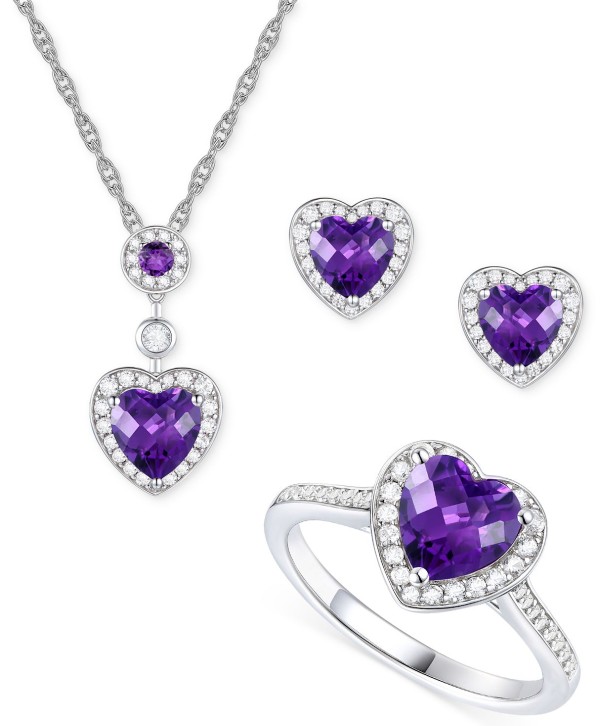 3-Pc. Set White Sapphire (3/4 ct) Heart Pendant Necklace, Ring, & Stud Earrings