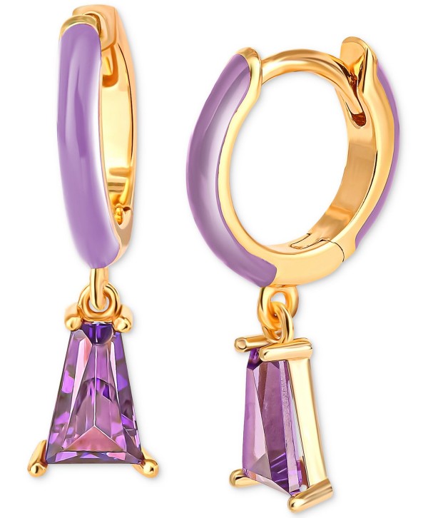 Purple Cubic Zirconia & Purple Enamel Dangle Hoop Earrings